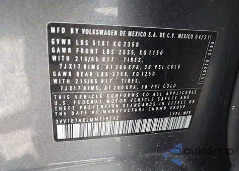 2021 Volkswagen Tiguan 2.0T S from USA, damaged, VIN 3VV1B7AX2MM119742